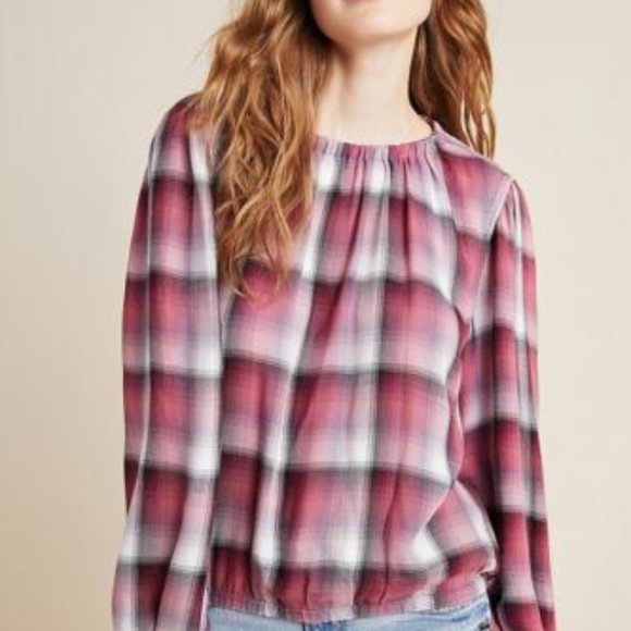 Anthropologie Tops - Cloth and Stone for Anthro Glacier Plaid Blouse Balloon Sleeve Elastic Hem
